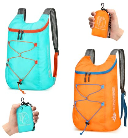 Sahunfri 2 Pcs Ultra Lightweight Backpack, Foldable Backpack Water Resistant Travel Rucksack, Multi-Functional Foldable Backpacks Womens Men For Camping, Hiking, Biking (Blue Orange)