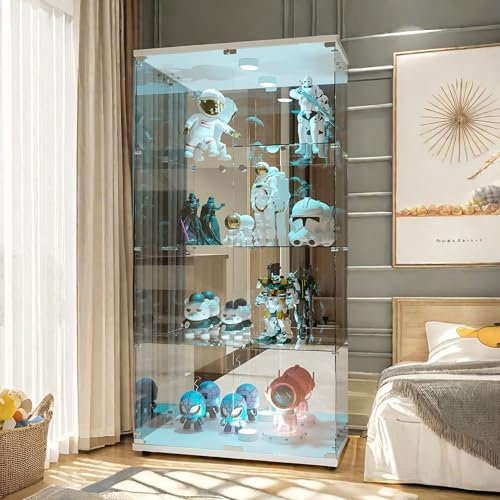 Vitrina de cristal, Vitrina expositora cristal de pie con cerradura y iluminación LED, Armario vitrina para colección con 2 puertas 4 compartimentos para salón, dormitorio, oficina, Blanco (Blanco)