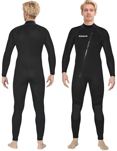 Ocealite Men’s Front Zip Full Wetsuit, 3mm 4/3mm 5/4mm Neoprene Wetsuits for Surfing, Diving, Snorkeling, Swimming, Flatlock or Blind-Stitch, PU Knee Pads (Mens 3mm Black, Medium)