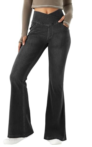LaiEr Femmes V Crossover Taille Haute Hanches Control Casual Fitness Legging Yoga Pants Faux Jean imprimé Femmes Bottes de Yoga Pantalons de Fitness évasés avec Poches latérales.Gris,M