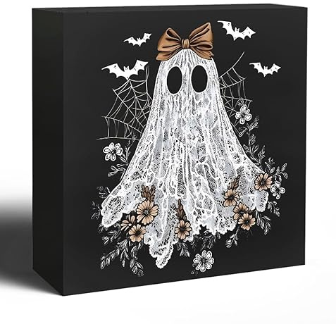 WNAGT Halloween Ghost Wooden Box Sign, Halloween Desk Decor, Coquette Bow Cute Lace Ghost Bat Floral Wood Signs for Office Home Girls Bedroom Dorm Desk Tabletop Shelf Decor, 5x5 Inch