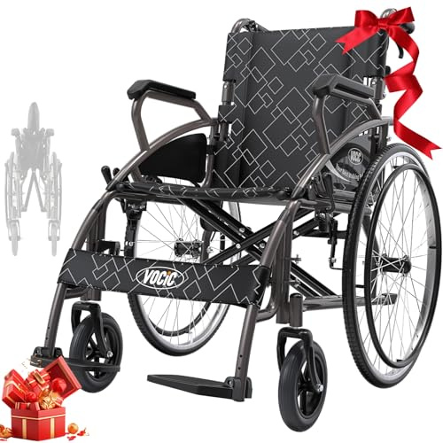 VOCIC Rollstuhl faltbar leicht bis 150KG,17KG Faltbarer Outdoor Rollstuhl,Doppelbremsen Transportrollstuhl klappbar mit Selbstantrieb für Erwachsene,Pannensicher Reifen (Hellgrau)