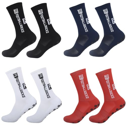 GGUFAY Calze Antiscivolo 4 Paia Grip Calcio Uomo Donna e Bambino, 39-44 Calzini da Calcio per Yoga, Soccer, Tennis, Basket, Corsa (Nero, Bianco, Rosso, Blu Navy)