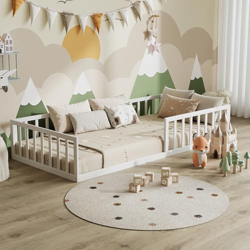 VitaliSpa Cama Baja Minno 90x200, Cama Infantil de Metal, Cama Montessori con Barrera de Seguridad, Baja Altura de Acceso, Blanco