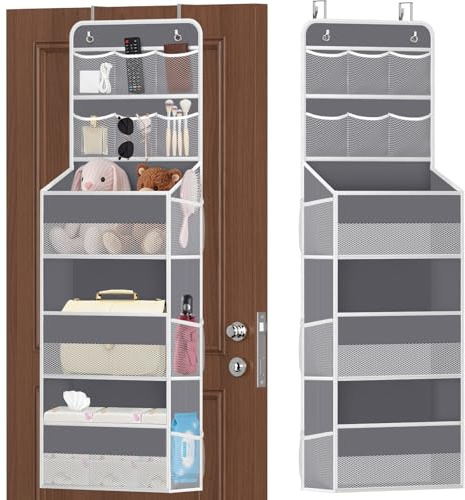 SpaceHacks 5-Tier Over the Door Organizer with Mesh Pockets, Baby Nursery Storage for Closet, Bathroom and Bedroom, Adjustable Hanging Closet Organizer for Cosmetics, Books and Essentials (Dark Grey)
