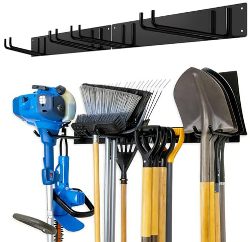 Portautensili da giardino in metallo, 2 pezzi, supporto da parete, scaffale per attrezzi da giardino con 4 ganci doppi e 2 pannelli, per scopa, pala, rastrello, attrezzi da giardino, garage