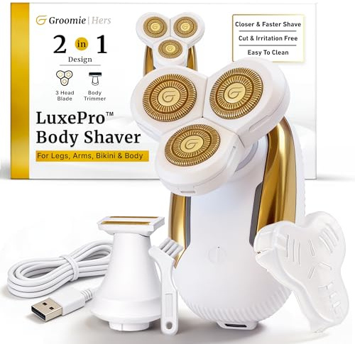 Groomie Hers LuxePro Electric Body Shaver for Women – Women's Rotary Shaver, Razors for Women Sensitive Skin, Wet/Dry Cordless Rechargeable Hair Remover for Legs, Head, Arms & Underarms