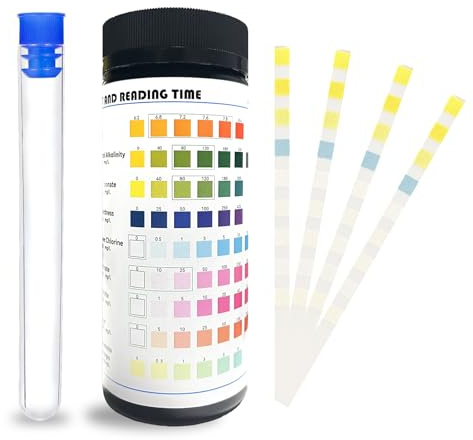 Test Acqua Acquario 9-in-1, 100 Strisce Reattive per Dolce e Salato per Misurare pH, Durezza, Nitrati, Cloro, l’ ammoniaca, Ferro, Carbonato, Alcalinità totale, Nitrito, Kit di Test per acquari d'Acq