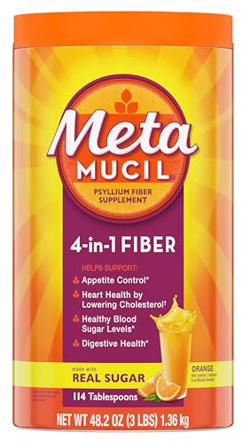 Metamucil 4-in-1 Psyllium Husk GLP-1 Friendly Fiber Supplement, Real Sugar, 114 tablespoons, Orange Flavored, Daily Fiber Powder for Digestive Health, made with Plant-Based Psyllium Husk Fiber