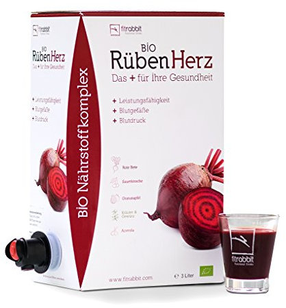 fitrabbit Bio Rüben Herz - para la presión arterial, vasos sanguíneos y rendimiento. orgánico. Concentrado de remolacha + granada + cereza agria + hierbas y especias + acerola (1 bolsa de 3 Litros)