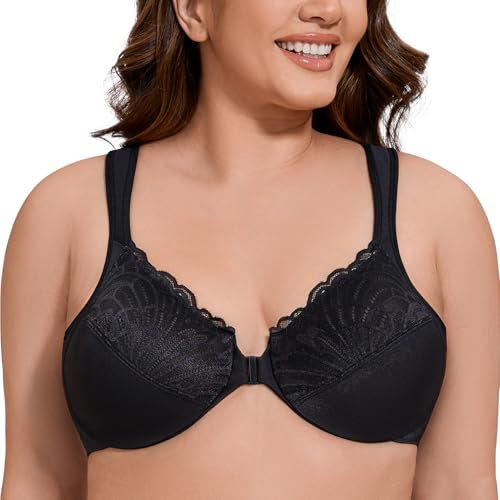 MELENECA Front Fastening Bras for Women Plus Size Underwire Unlined Lace Cup Cushion Strap Black 38G