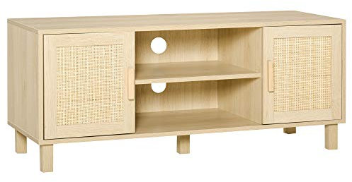 HOMCOM Meuble TV Banc TV 2 niches 2 placards Porte cannage en rotin dim. 115L x 40l x 48H cm MDF Aspect Bois Clair