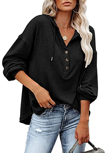 PLOKNRD Winter Oversized Black hoodies for Womens Button Down V Neck Jumper M