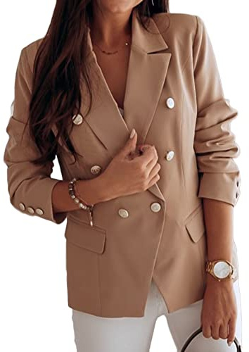 YAOTT Blazer för damer, klassisk dubbelknäppt kavaj med metallknappar, enfärgad, smal passform, revers, affärsjacka, elegant, retro, kort kostymjacka, kofta, kaki, M