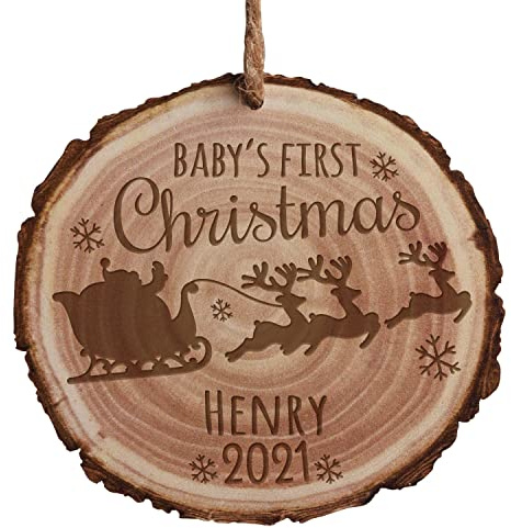 Personalized Planet Baby's 1st Christmas Tree Ornament with Custom Name and Year Printed | 3.5 Sliced Faux Bark Log Wood Disc | Ready to Hang