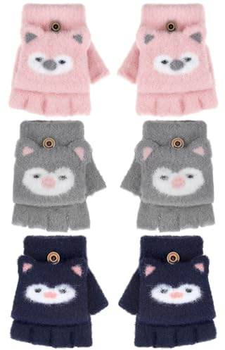 Geyoga 3 Paires Gants sans Doigts pour Enfant Mitaines Convertibles Tricotées(gris, rose clair, bleu marine,5 à 10 ans)