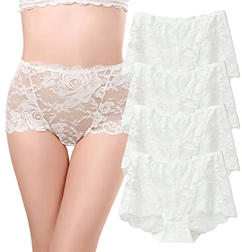 KE206739 Lot de 4 culottes ultra fines en dentelle pour femme Taille haute, blanc, XXL
