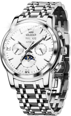 OUPINKE Herrenuhr Automatik Mechanische Armbanduhr Weiß Zifferblatt mit Mondphase Wasserdicht Luminous Tag Datum Silber Edelstahlarmband