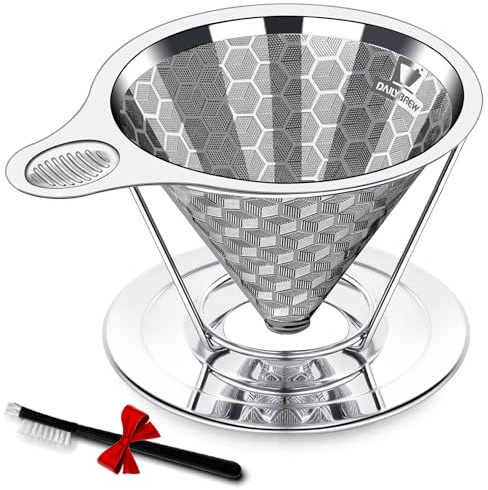 Dailybrew Triple Layer Pour Over Coffee Filter Durable Pour Over Coffee Dripper Easy Clean Metal Cone Filter Paperless Stainless Steel Pour Over Coffee Maker With Holder 2 Cup (HOLDER)