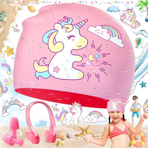 Cuffia da Nuoto per Bambini, Cuffia da Piscina, Cuffie da Nuoto di Cartoon con Tappi per Orecchie e Clip per Naso, Cuffia Nuoto, Cuffia da Nuoto in Silicone per Ragazzi e Ragazze
