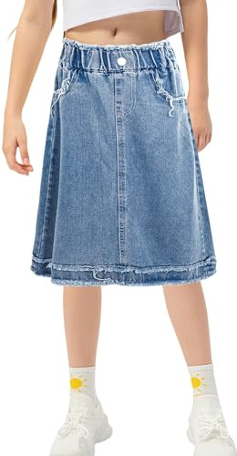 FEOYA Gonna in denim per bambini e ragazze, con elastico in vita, casual, gonna in jeans estiva, linea A, con tasche, gonna elasticizzata blu, gonna traspirante e confortevole, per 5-14 anni, Blu,