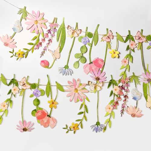 SUNBEAUTY Wildflowers Garland Paper Flower Garlands Spring Garden Party Decoration Daisy Wildflower Banner Butterfly Decor for Baby Shower Birthday Tea Supplies