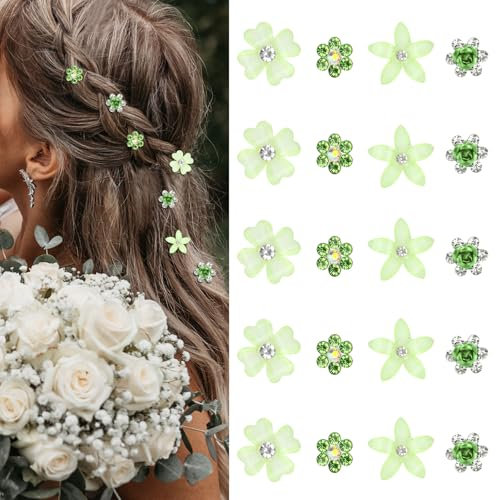 Mezrkuwr 20 Stück Grün kleine Blumen-Haarspangen, Mini-süße Strass-Metall-Haarnadeln für Frauen, Hochzeit Haarschmuck, Braut-Haarspangen für Mädchen (4 Blumenmuster)