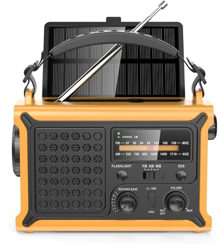 MINORZ Radio Solar de Emergencia con manivela, 12000mAh Radio portatil con 8500mm² Panel Solar, Calidad de Sonido HiFi, Radio Am/FM, SOS, Linterna y lámpara de Lectura para emergencias al Aire Libre