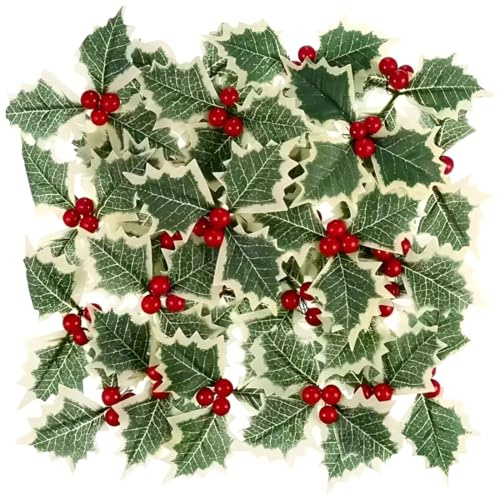 UZEXYO 30 Pcs Artificial Holly Berries with Variegated Holly Leaves Picks for Christmas Decorations Wreath Garland Making and Festive Crafts