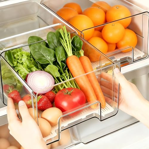 Zinueen Organizador de cajón para frigorífico [1 pieza], extensible y apilable para almacenamiento de alimentos, almacenamiento de embutidos - Recipientes transparentes para cocina, frigorífico y