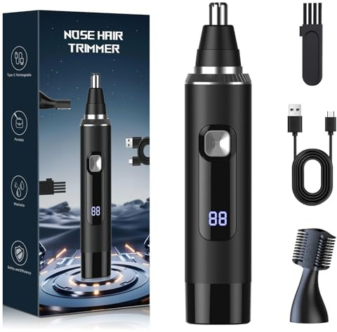 Nose Hair Trimmer for Men – 2-in-1 Rechargeable Ear and Nose Clipper with Eyebrow Groomer, IPX7 Waterproof, Dual-Blade Head & Digital Battery Display