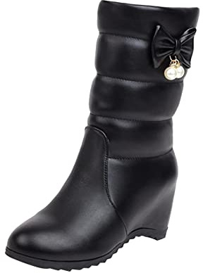 Generisch , monocromo, lazo, perla, decorativo, aumento interno, tacón de cuña, botas de media altura zapatos de plataforma de mujer 39, Negro , 40 EU