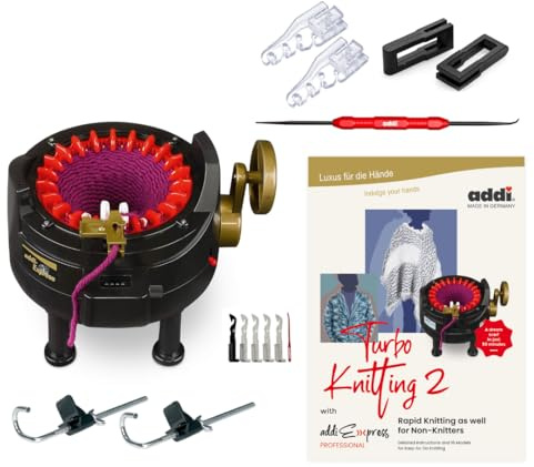 Ny förbättrad version av addi Express professionell stickmaskin utökad utgåva med förbättrad raddisk, mönsterbok, expresskrok, ersättningsnålar och 2 proppar