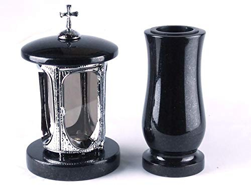 designgrab Grablampe aus verchromtem Aluminium mit Kreuz und Grabvase in Granit Schwedisch Black