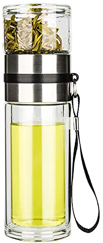 PARACITY Glass Tea Infuser Bottle Tea Flood Cup Double Wall Borosilicate Portable Travel Tumbler Mug Leakproof for Loose Leaf Flower Herbal Tea Bags 13 OZ/380ML