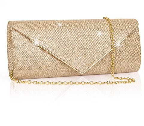 Larcenciel Bolsos Clutch Mujer Brillante con Cadena Desmontable, Bandolera de Lentejuelas con Purpurina, Carteras de Mano para Fiesta de Noche, Boda (Champán)