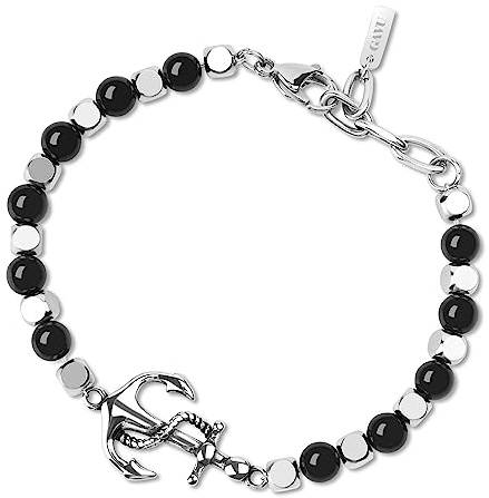 GAVU Bracciale Ancora da Uomo con Perline di Pietra Semipreziosa Tormalina Nera e Pepite Quadrate di Acciaio Inossidabile