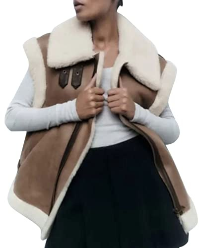 Gilets d'hiver personnalisés en peau de mouton pour femme - Doublé en polaire synthétique - Manteaux contrastés sans manches épais - Grande taille - Gilet chaud pour femme, café, M