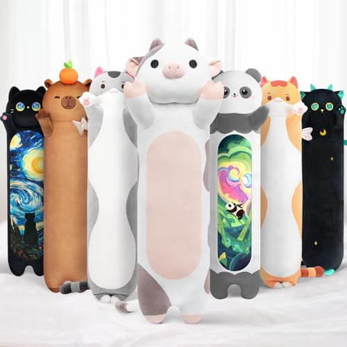 Mewaii Gosedjurskudde i form av en kawaii-ko, 50 cm lång, stoppat mjukisdjur, gosig kudde