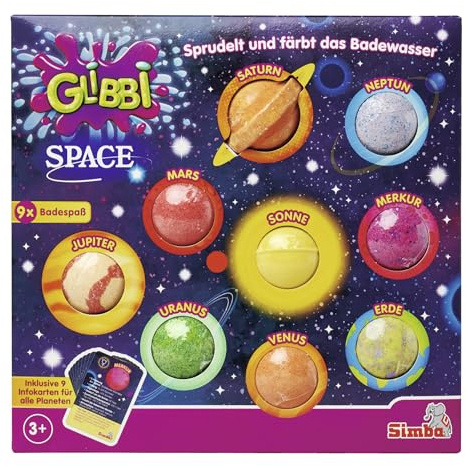 Simba Glibbi Space Badebomben – Sprudelbäder mit Farbwechsel für Kinder, 9 Badebomben zu Sonne & Planeten, inkl. Infokarten zu Saturn, Erde, Mars & Co., buntes Lernspielzeug ab 3 Jahren