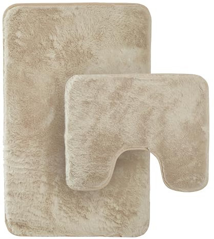 Olivia Rocco 2 Piece Bath Mat Set Extra Soft Easy Care Plush Bath Rug + Toilet Mats Super Absorbent Non Slip Bathmat for Bathroom Toilet Shower, Natural