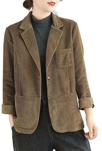 KIJSKKOPO Giacca da Abito In Velluto A Coste Verde da Donna, Giacca Tunica Vintage Con Risvolto A Tacca, Manica Lunga, Con Tasca, Casual Autunnale, da Ufficio, da Lavoro, Di Transizione, Marrone L