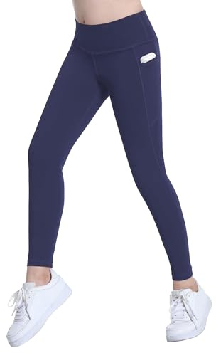 VilyR Girls' Athletic Leggings Kids High Waist Running Yoga Pants with Pockets,Navy Blue,6-7Y