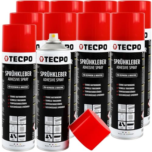 TECPO Lot de 3 tubes de colle en spray - 10 x 500 ml - Colle industrielle - Forte adhérence - Séchage rapide - Résistance aux hautes températures - Polyvalent pour textiles, cuir, mousse, matériaux