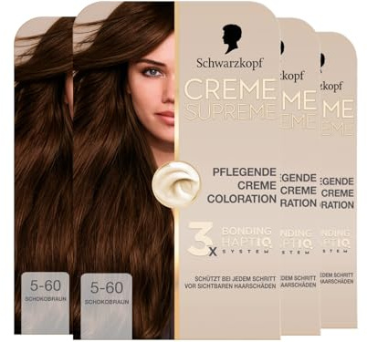 Schwarzkopf Creme Supreme Coloration 5-60 Schokobraun (4x 182 ml), dauerhafte Haarfarbe mit Serum und Haar-Maske schützt vor sichtbaren Haarschäden, für 100% Grauabdeckung