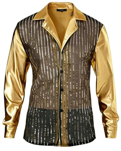 YJZQ Chemise à Pailletes doré Manches Longs Hommes Veste de Disco Jazz Hippies Danseurs 1970s Costume pour Thème de Musique Théâtre Cosplay Arabe