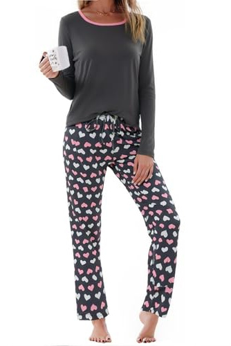 Litherday Pijama Mujer Algodón Manga Larga Conjunto de Camiseta Cuello Redondo Ropa de Dormir 2 Piezas con Bolsillos y Cordón