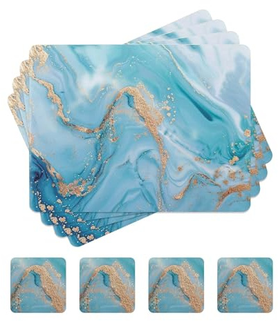 fanquare Manteles Individuales de Corcho Rectangulares y Posavasos Juego de 4 Colores Azul Tinta y Lavado Pintura Mármol para Mesa Impermeable Resistente al Calor para del Hogar