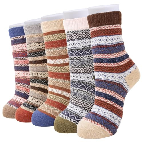 RnCop 5 Pairs Women Winter Socks, Thick Warm Thermal Wool Knitting Ladies Socks, Colourful and Quality Gifts for Women - Coffee Striped flower