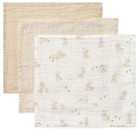 Little Dutch Newborn Naturals - Juego de 3 paños de muselina (25 x 25 cm), diseño de conejo, color beige y blanco